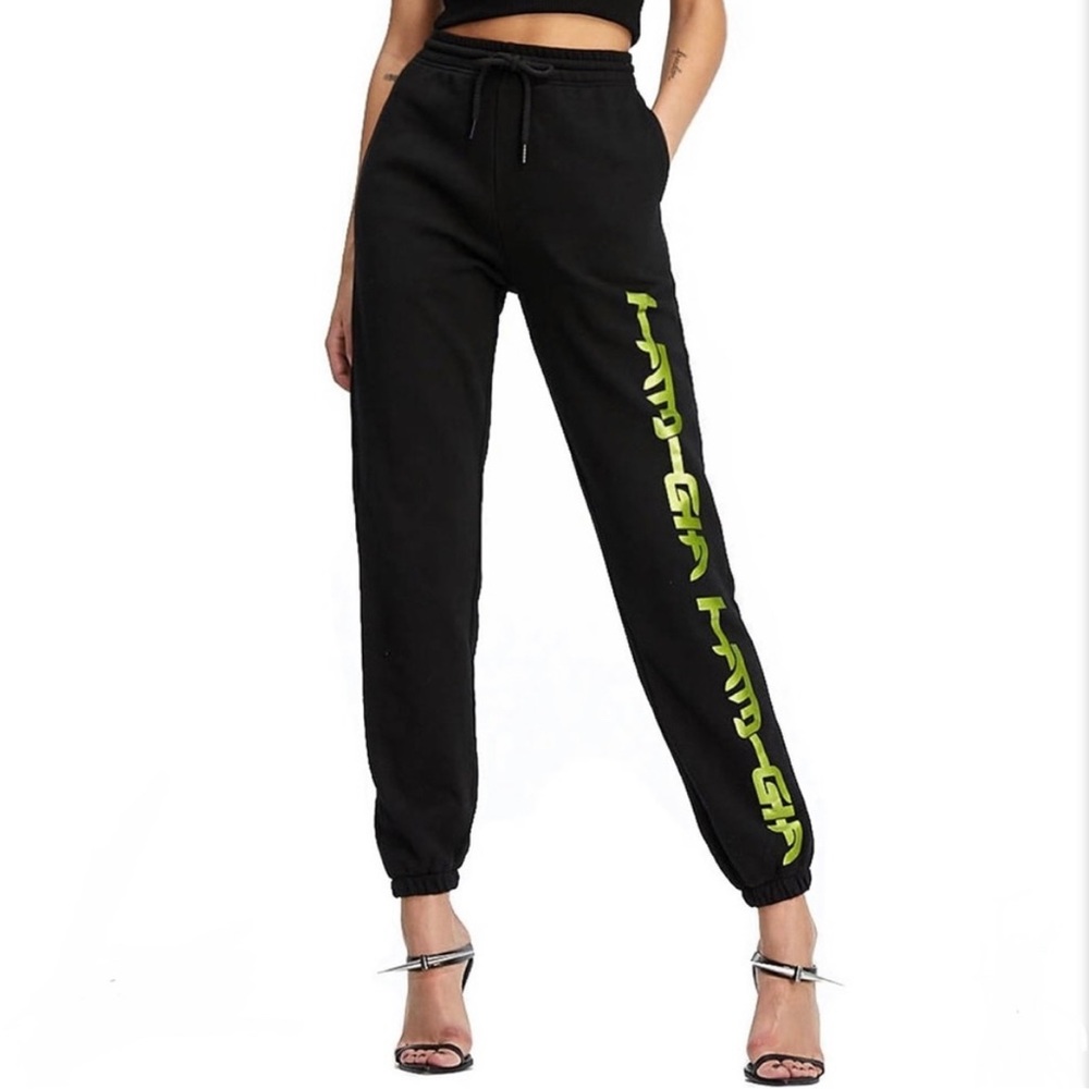 I.AM.GIA Aerglo Black High Rise Jogger Track Pants with Neon Letter Graphic